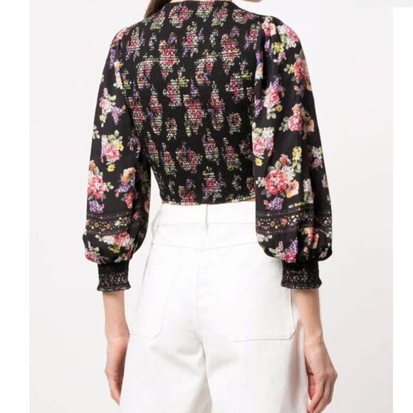Alice + Olivia Marlee Floral Tie Front Blouson Sleeve Crop Blouse Top Large New - Picture 3 of 4